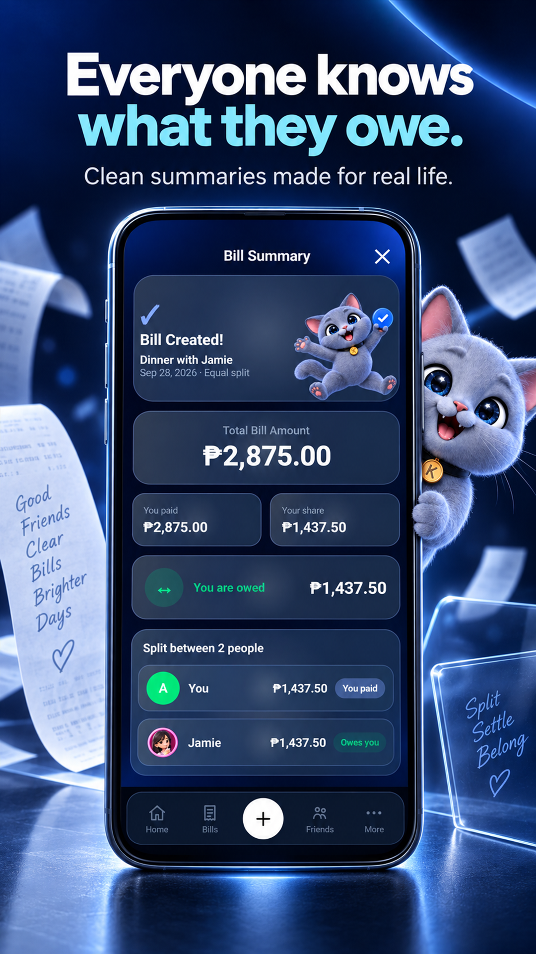 Klay bill summary screen with an itemized split