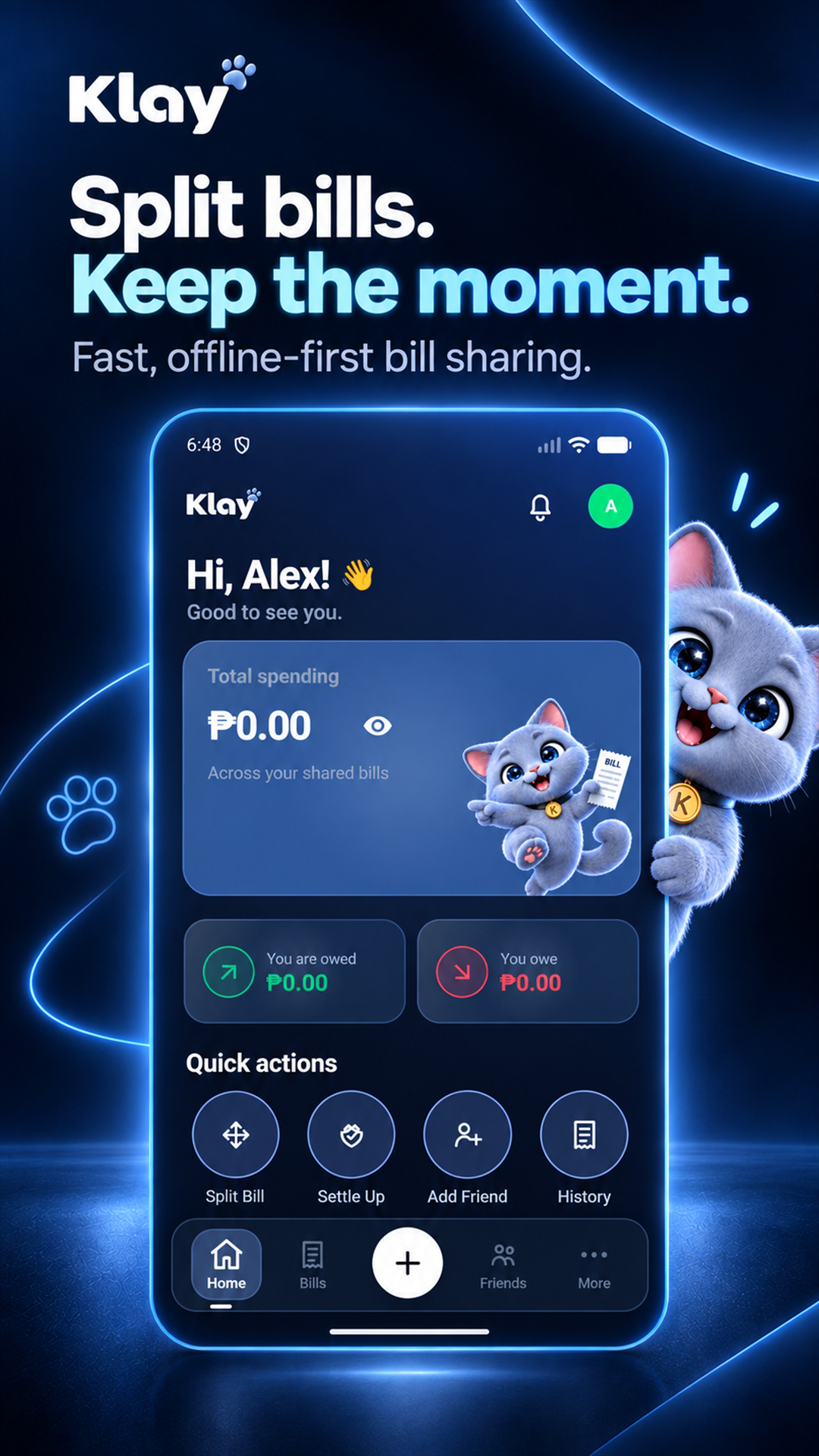 Klay dashboard showing total spending and quick actions