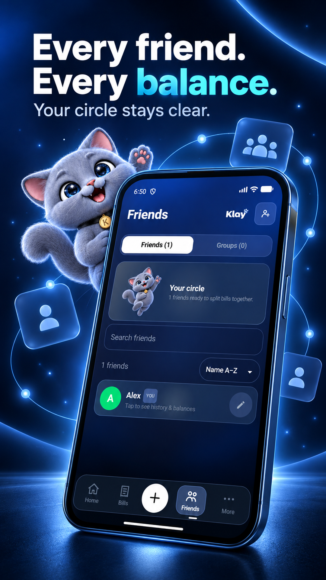 Klay friends screen with saved people and groups