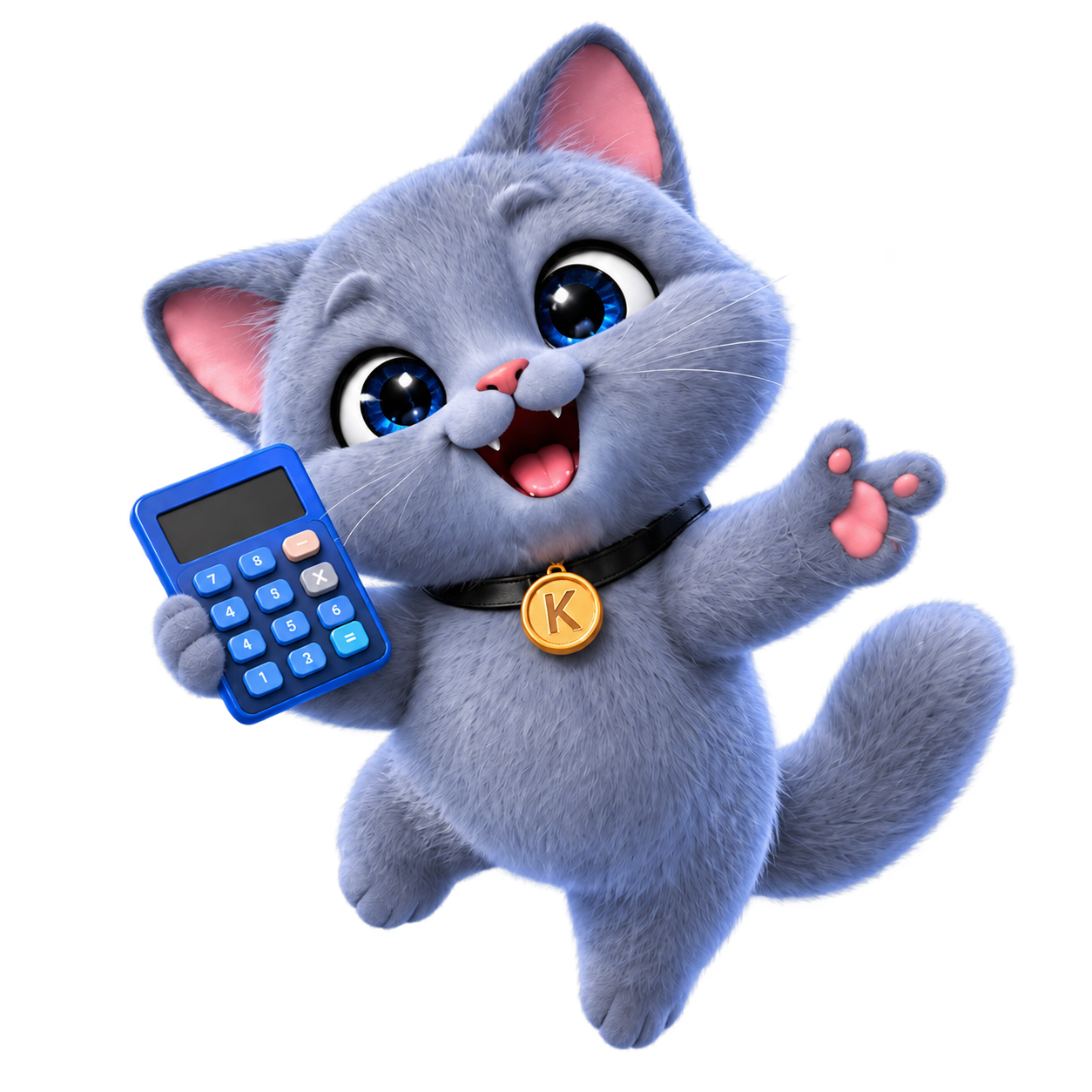 Klay the cat holding a calculator