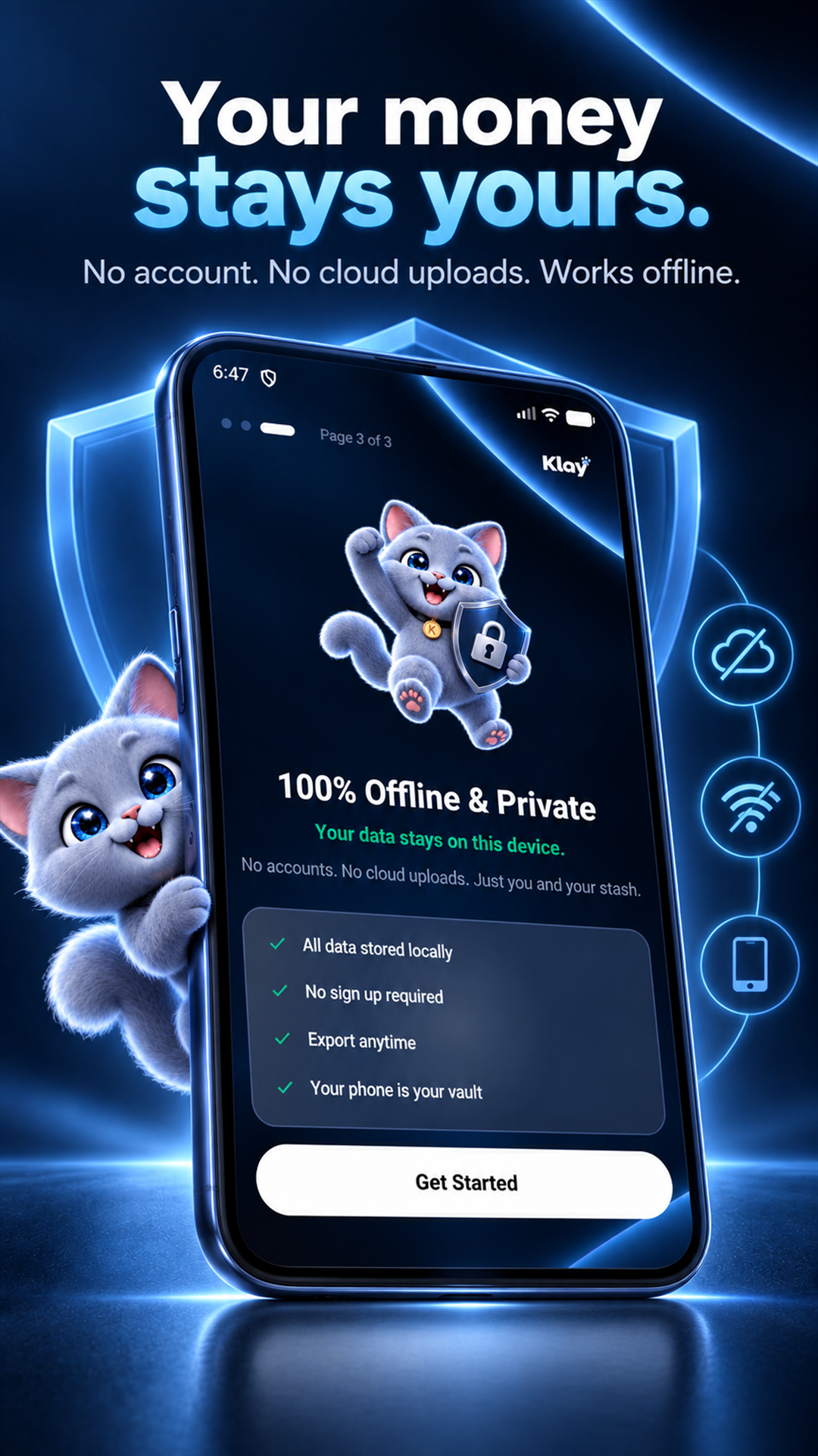 Klay privacy screen describing local storage and optional exports