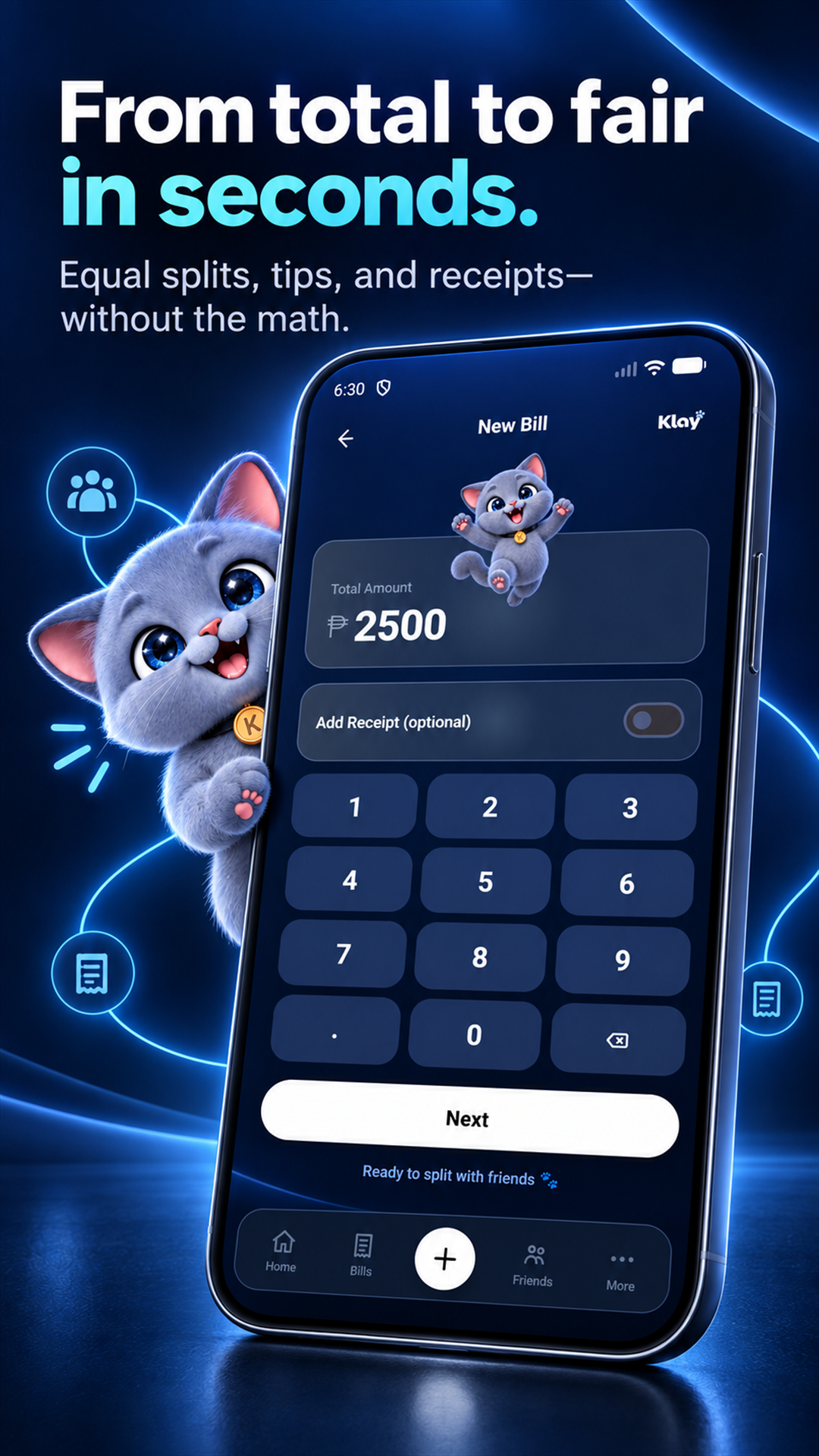Klay quick split screen with a bill total and keypad