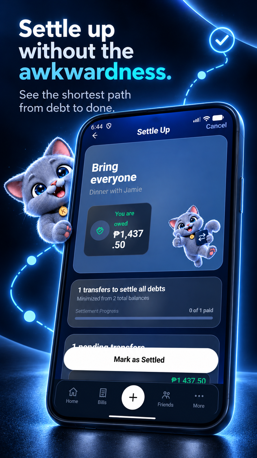 Klay settlement screen showing simplified payments